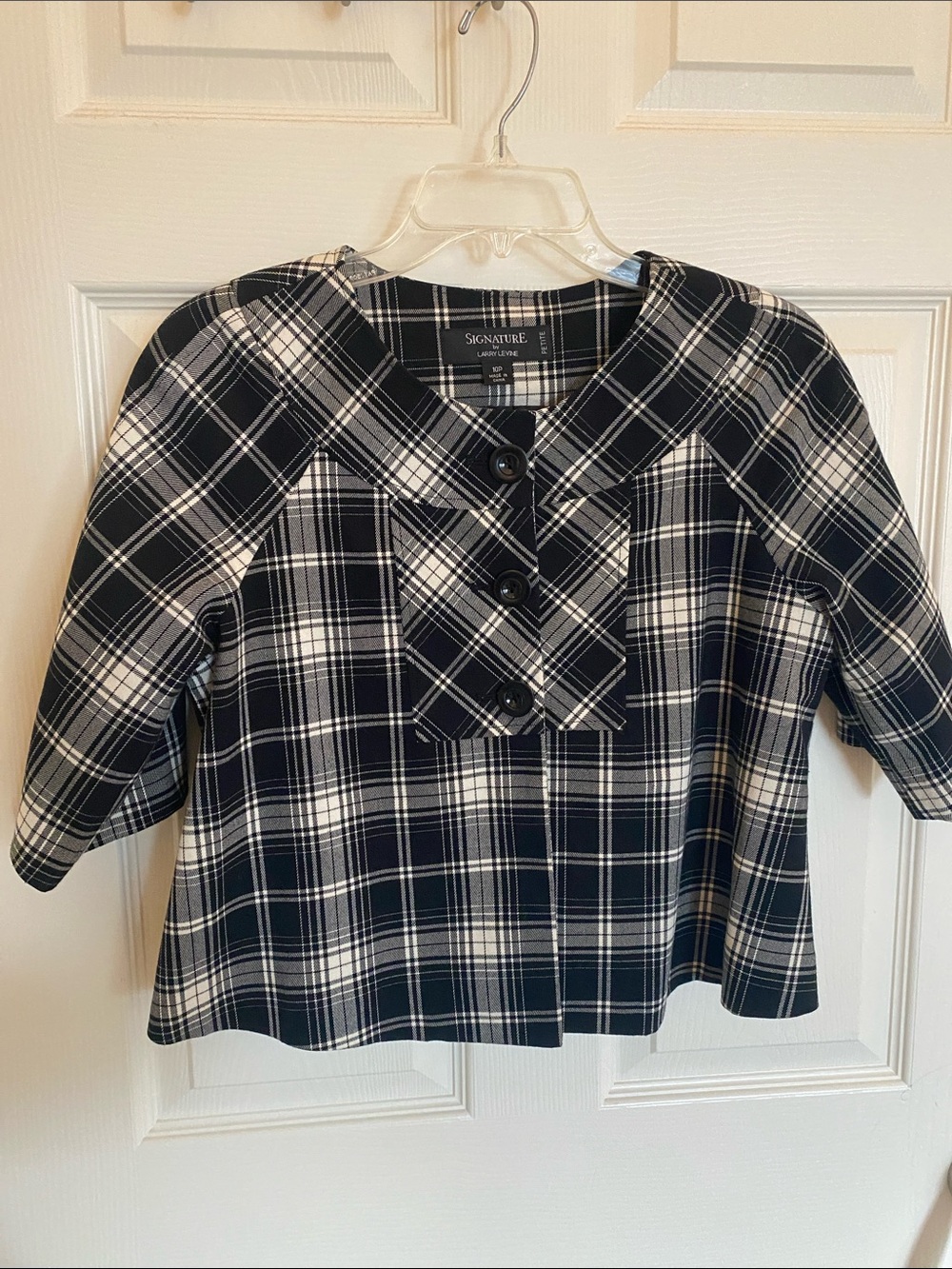 Signature Black and White Plaid Button-Front Cropped Jacket